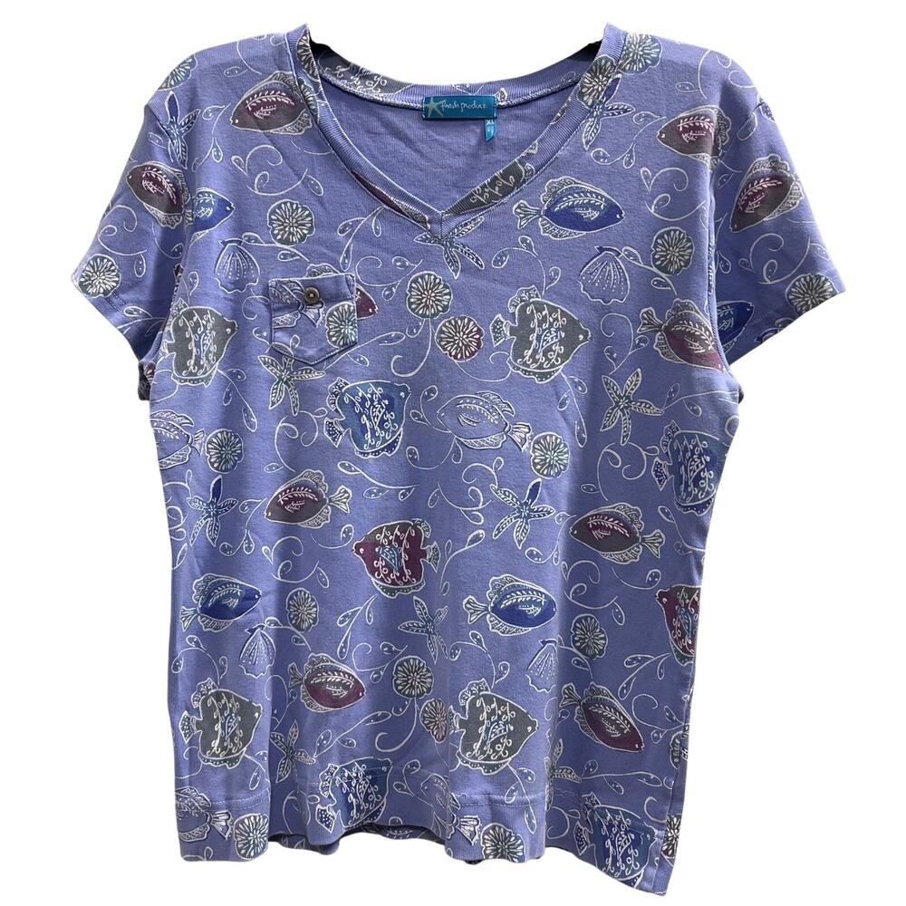 Fresh Prooduce periwinkle lavender tropical fish sea life v neck tee SZ XL